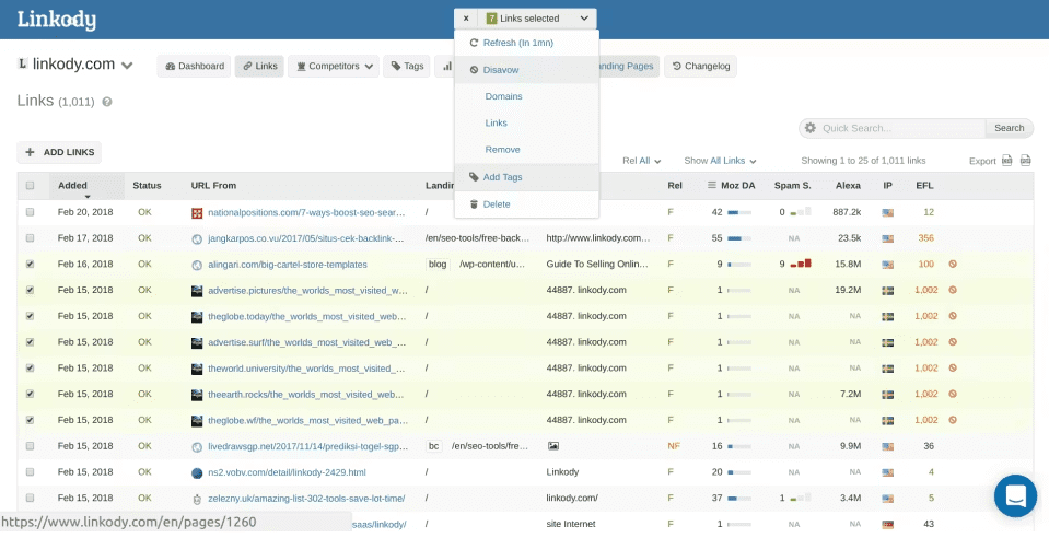 Linkody's clean dashboard showing link status changes