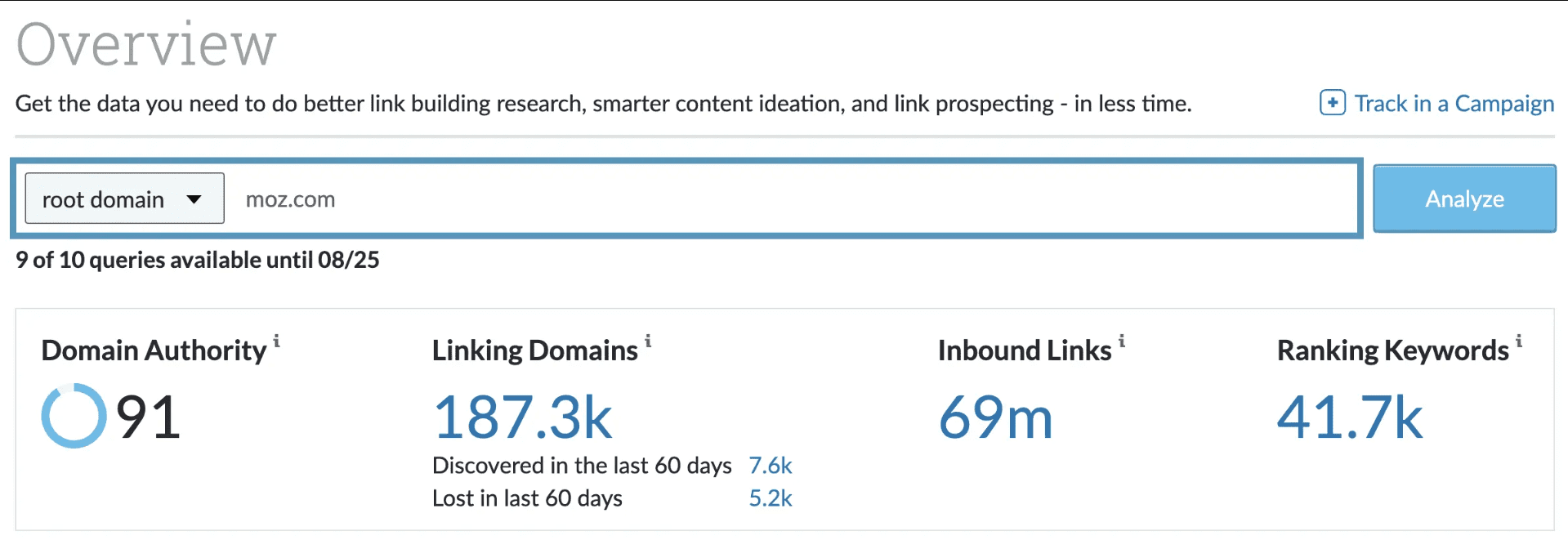 Moz Link Explorer showing Domain Authority metrics