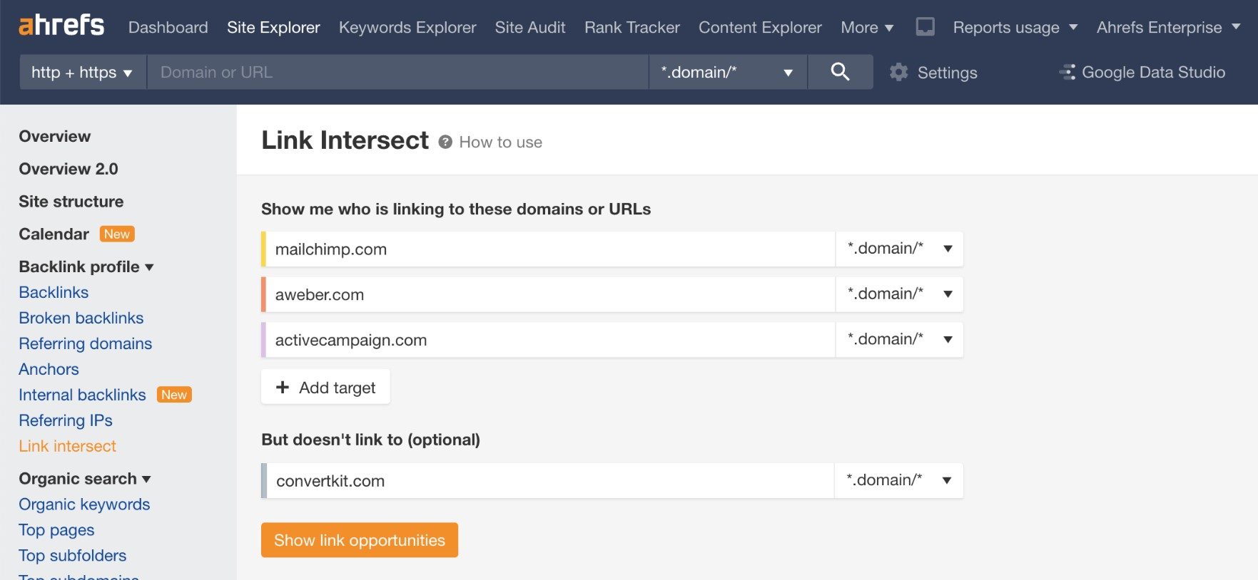 Screenshot of Ahrefs Link Intersect tool showing a list of websites linking to multiple competitors.