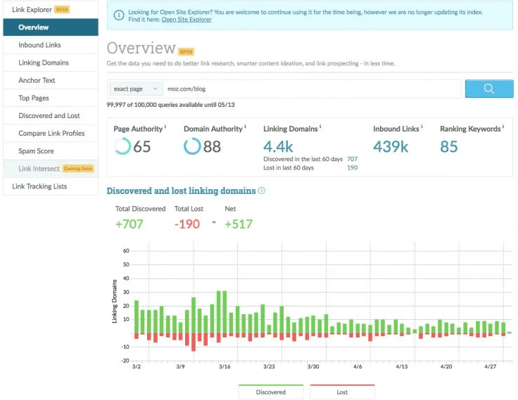 moz link explorer for audit