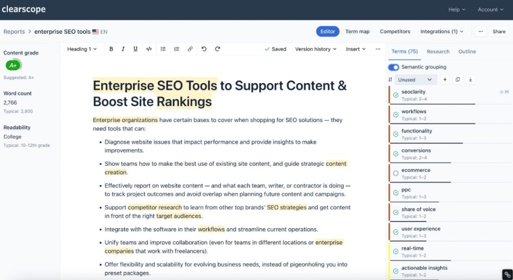 Clearscope content optimization tool