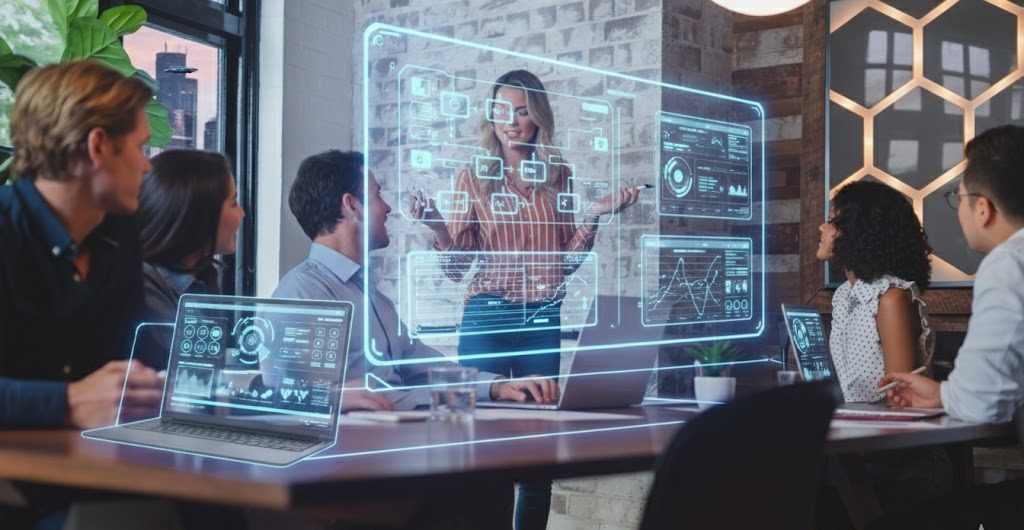 A modern office team collaborating on the best project management tools software displayed on a futuristic holographic interface.